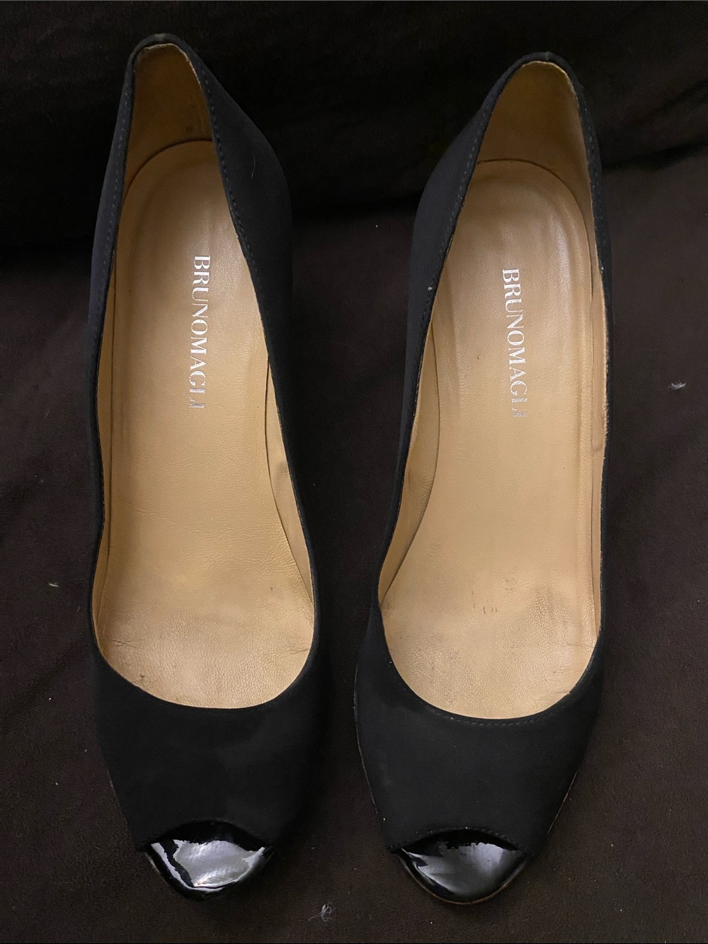 Bruno Magli Black Suede Peep-Toe Pumps with Patent Cap